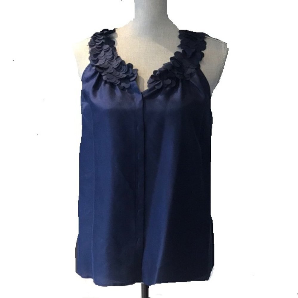 100% Silk J Crew Sleeveless Navy Top with Flutter Petal Neckline Detail Size M